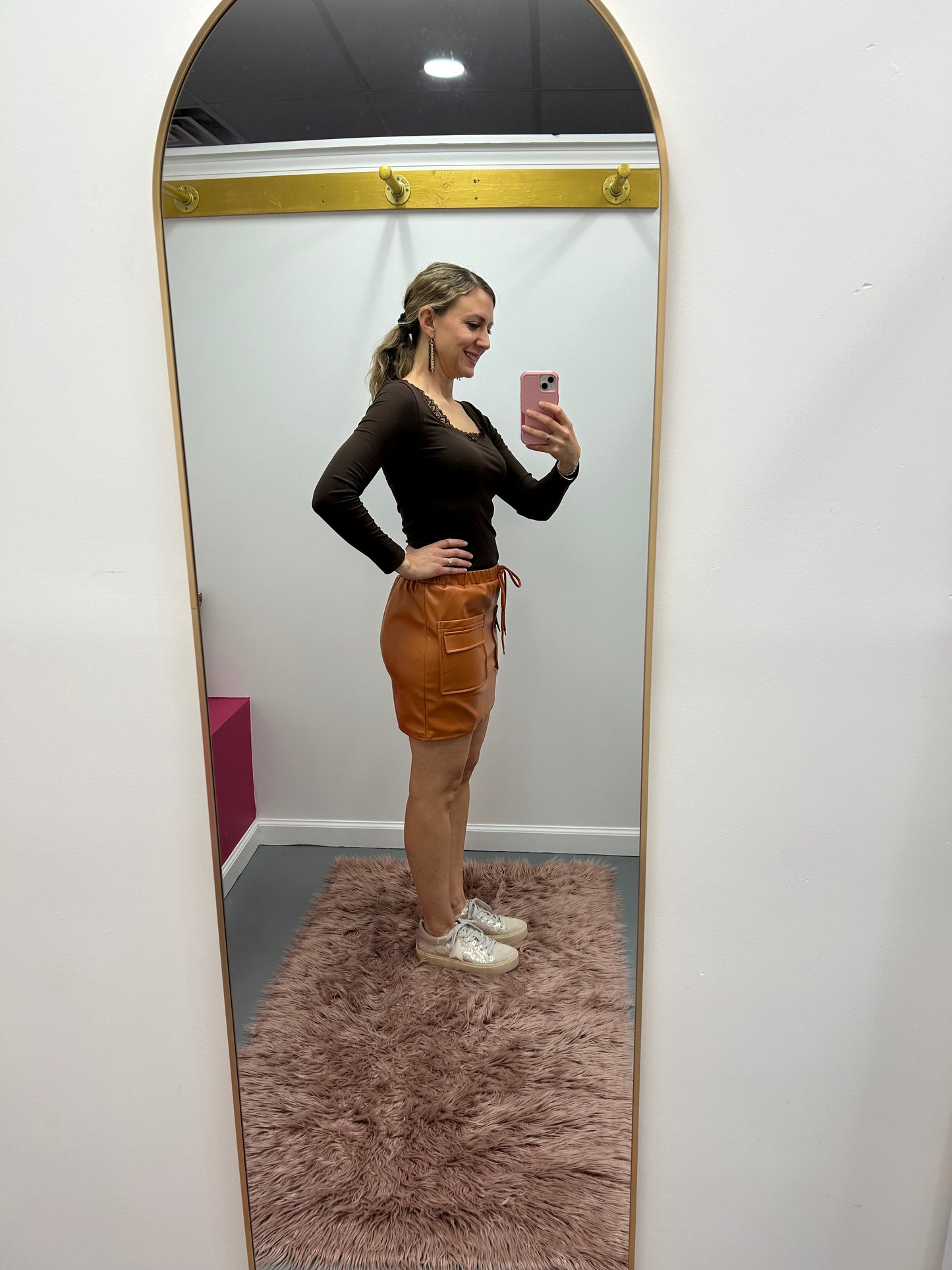 Cargo Vegan Leather Skirt Camel