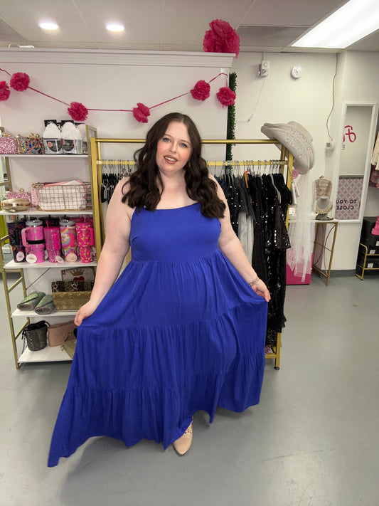 Curvy Solid Tiered Dress Blue