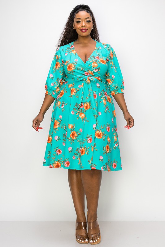 Curvy Floral A Line Dress - Turquoise