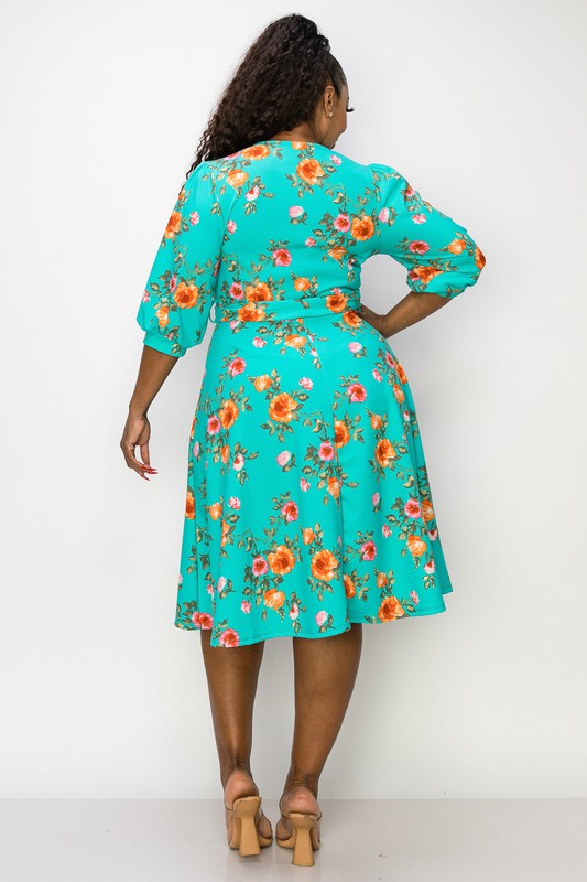 Curvy Floral A Line Dress - Turquoise