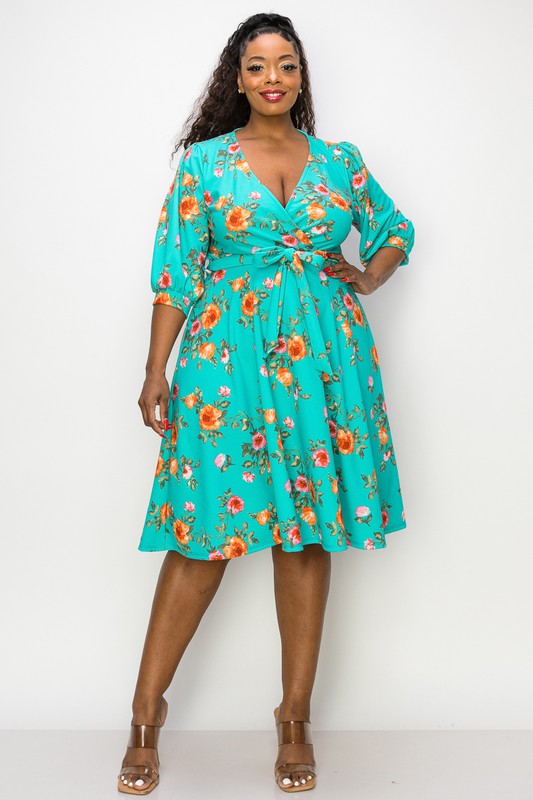 Curvy Floral A Line Dress - Turquoise