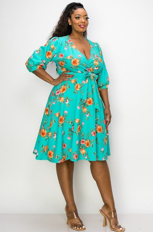 Curvy Floral A Line Dress - Turquoise