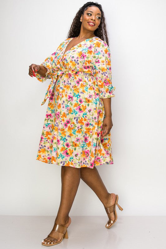 Curvy Floral A Line Dress - Yellow