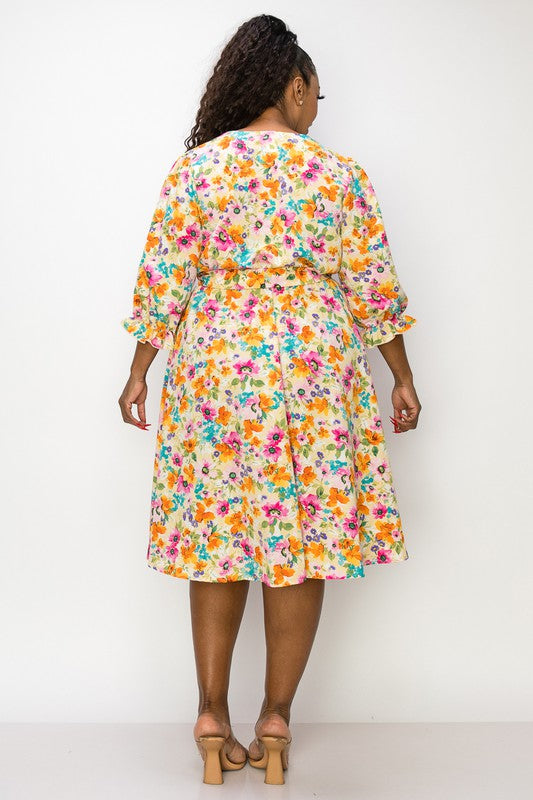 Curvy Floral A Line Dress - Yellow