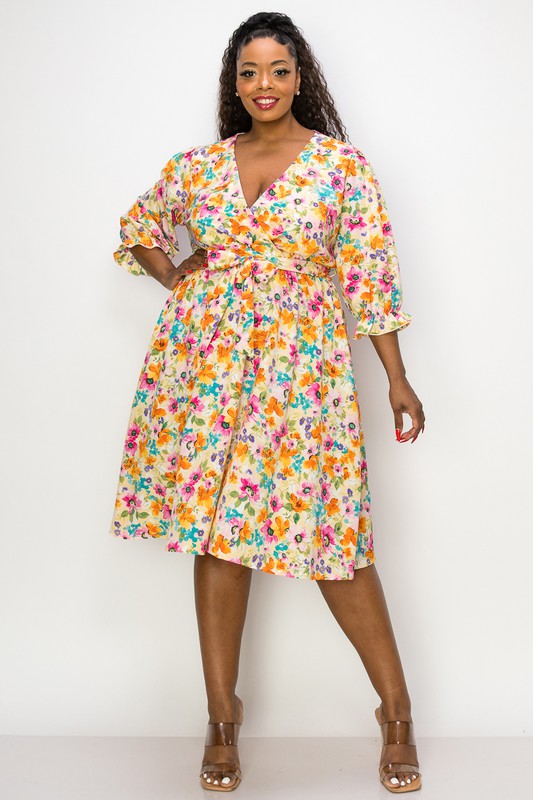 Curvy Floral A Line Dress - Yellow