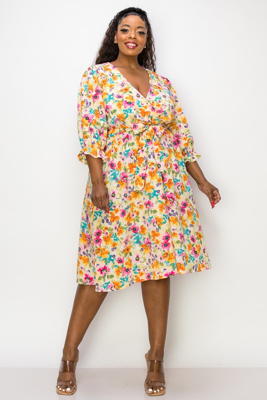 Curvy Floral A Line Dress - Yellow