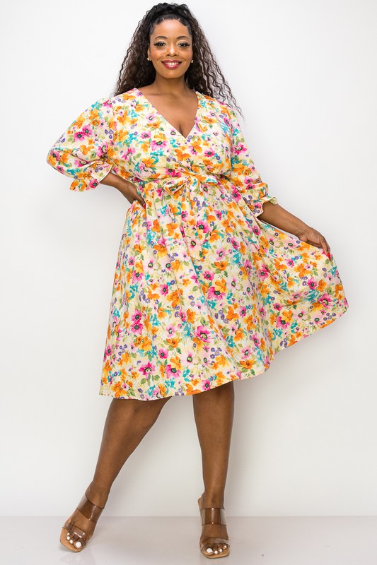 Curvy Floral A Line Dress - Yellow