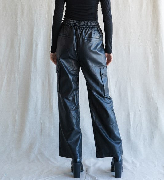 Faux Leather Cargo Pants Black