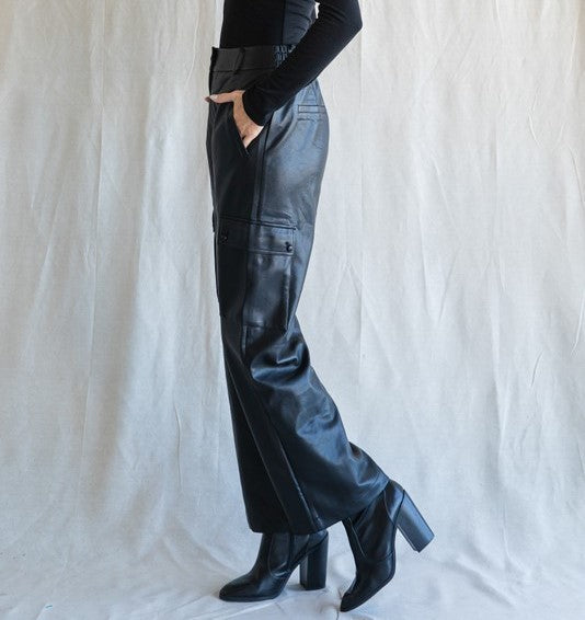 Faux Leather Cargo Pants Black