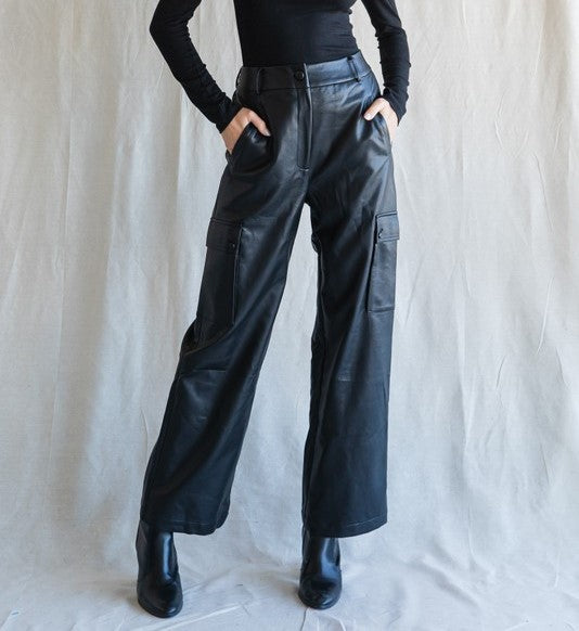 Faux Leather Cargo Pants Black