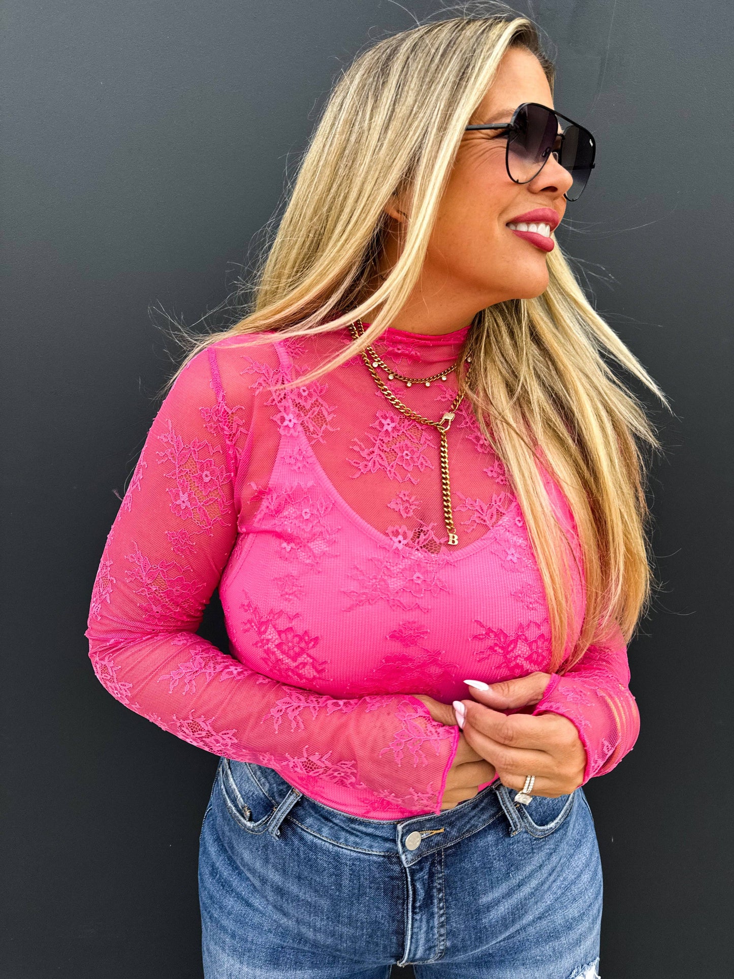 Lace Mesh Top Hot Pink