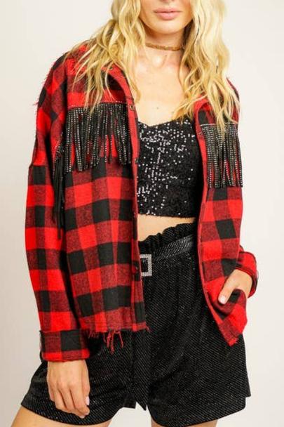 Bling Fringe Plaid Shacket