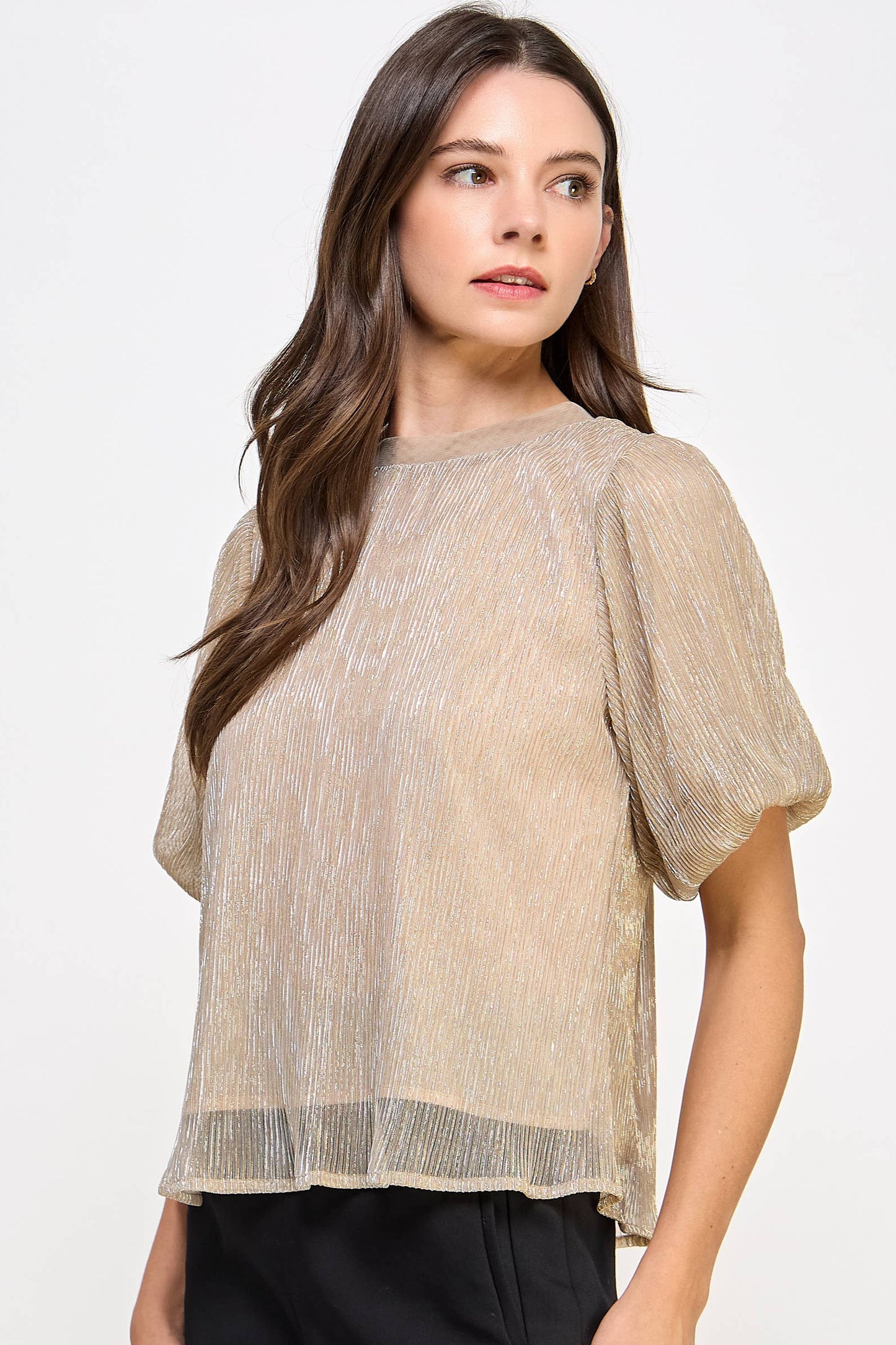 Metallic Plisse Blouse Champagne