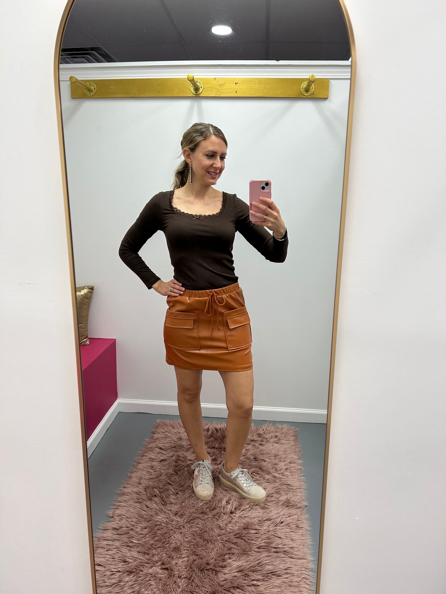 Cargo Vegan Leather Skirt Camel