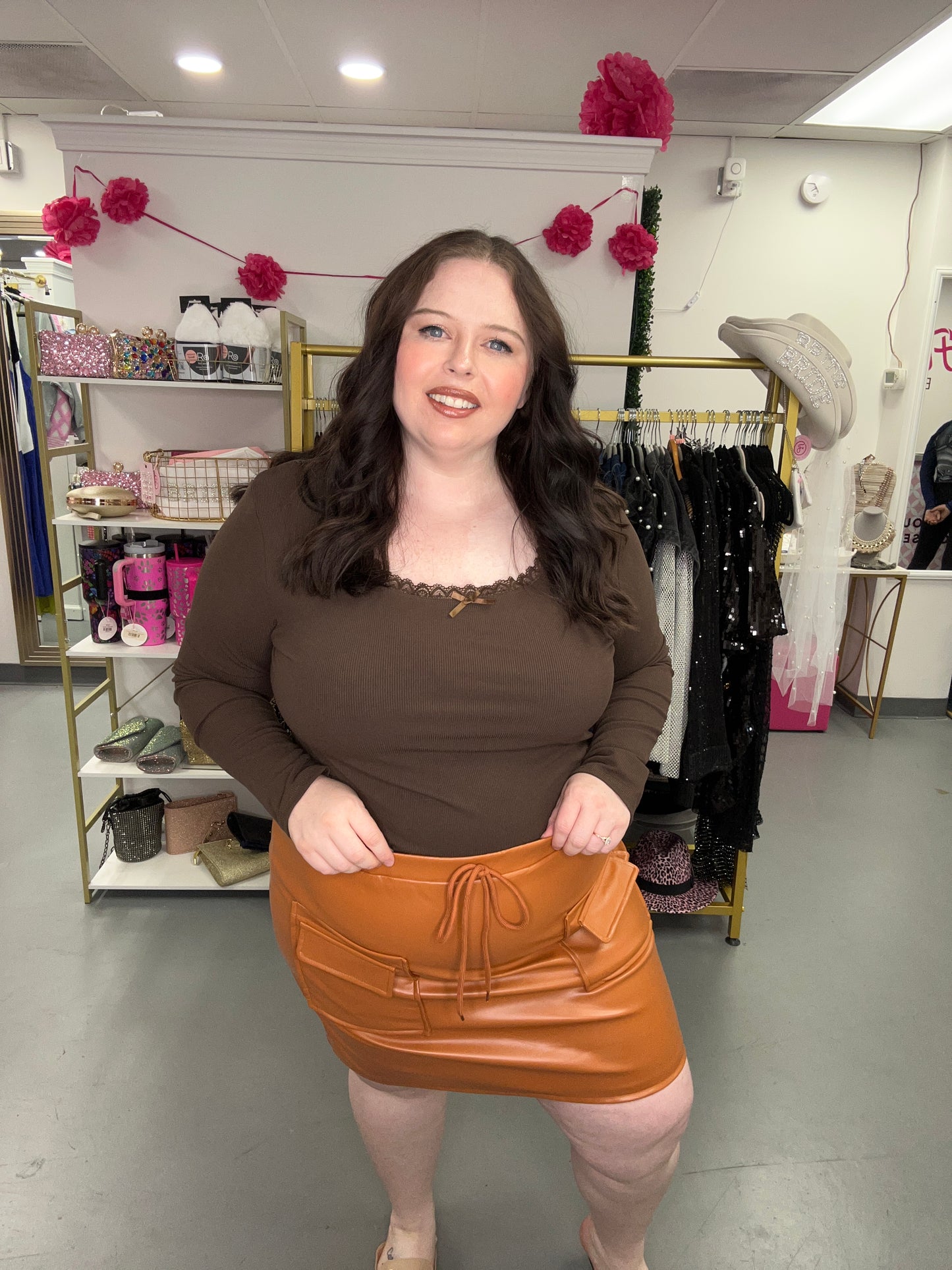 Cargo Vegan Leather Skirt Camel