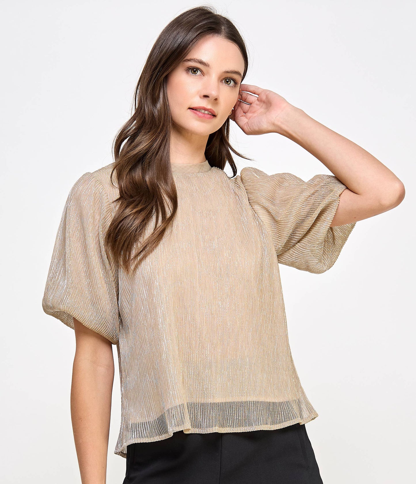 Metallic Plisse Blouse Champagne