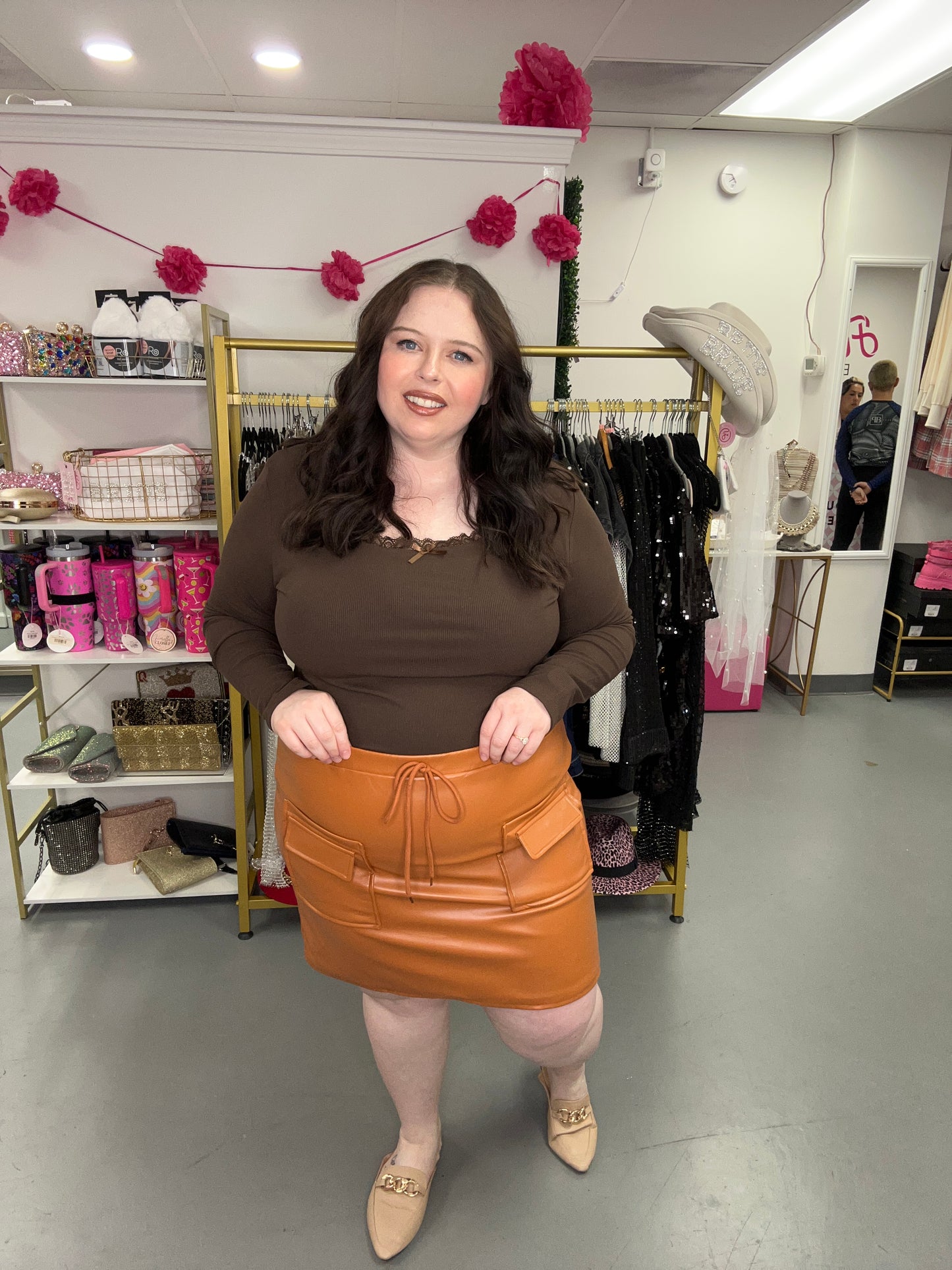 Cargo Vegan Leather Skirt Camel