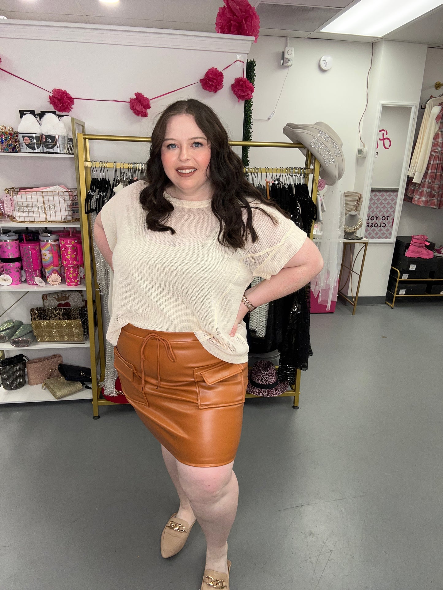 Cargo Vegan Leather Skirt Camel