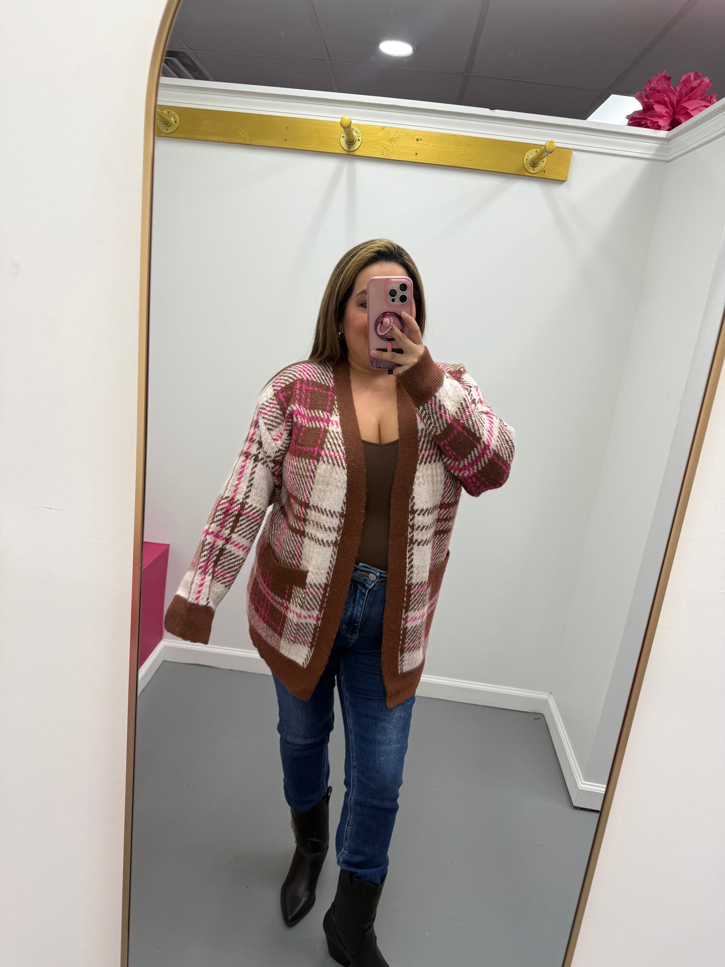 Plaid Cardigan Brown Pink