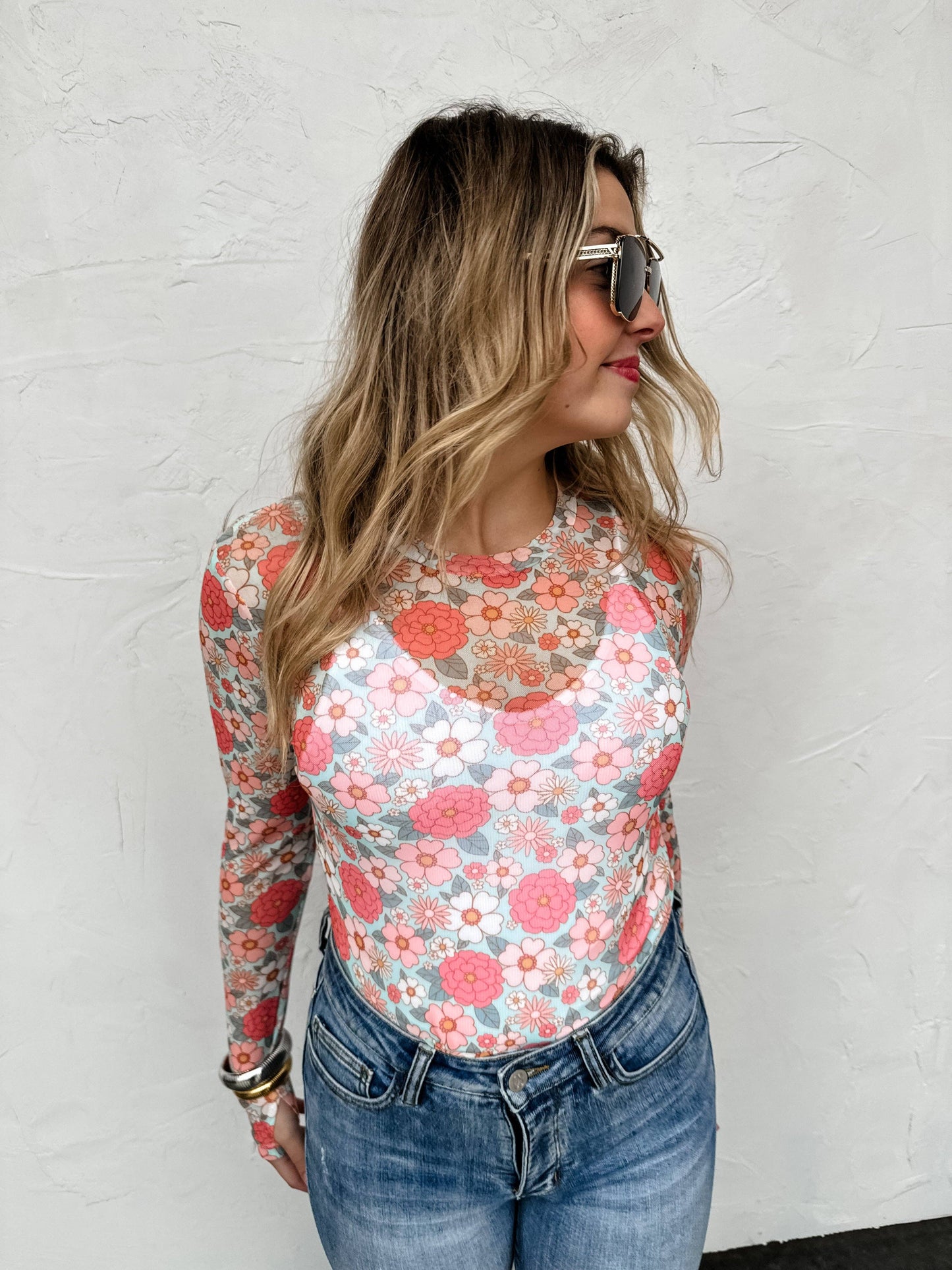 Floral Mesh Top Mint Coral