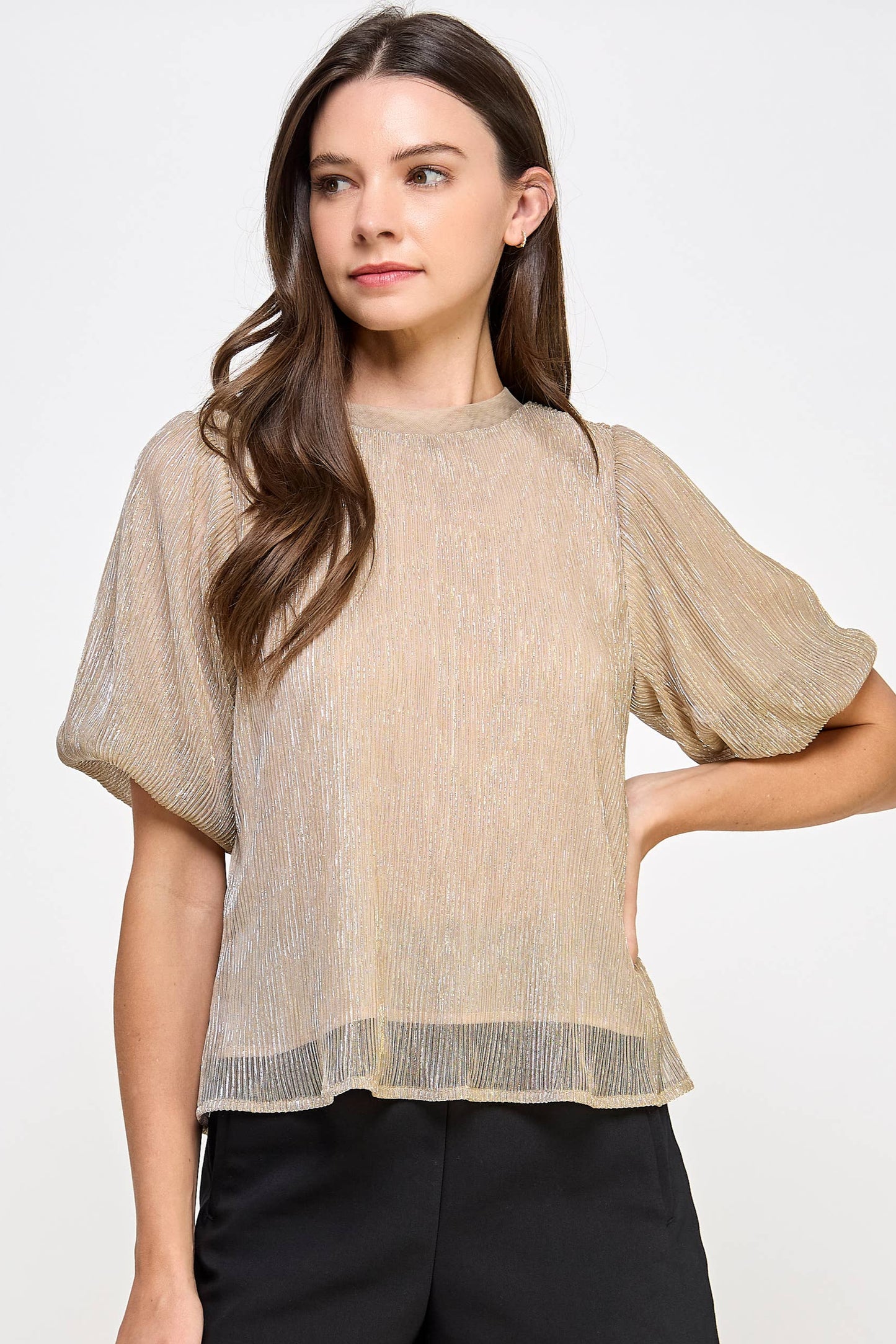 Metallic Plisse Blouse Champagne