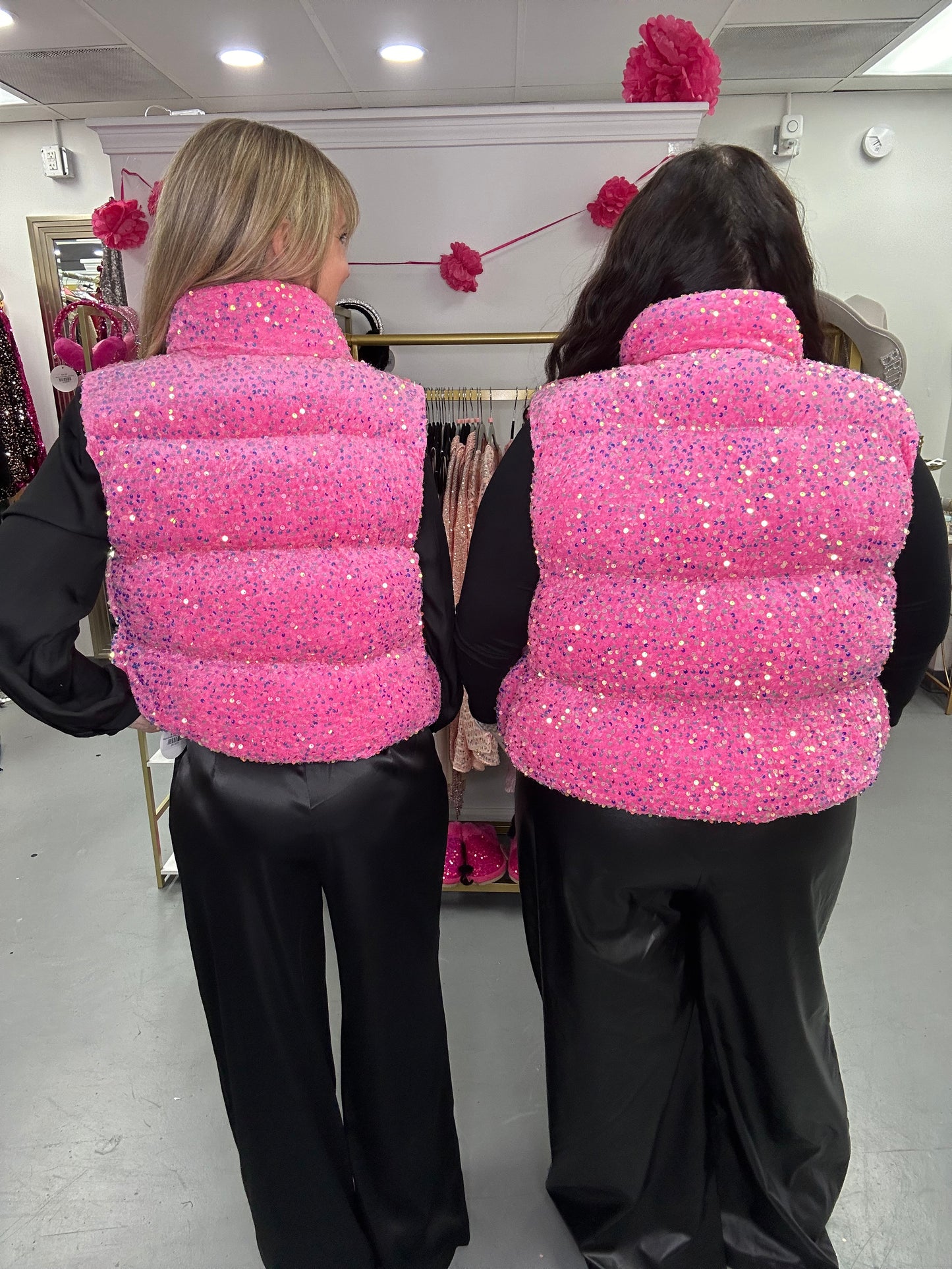 Curvy Sequin Puffer Vest Pink