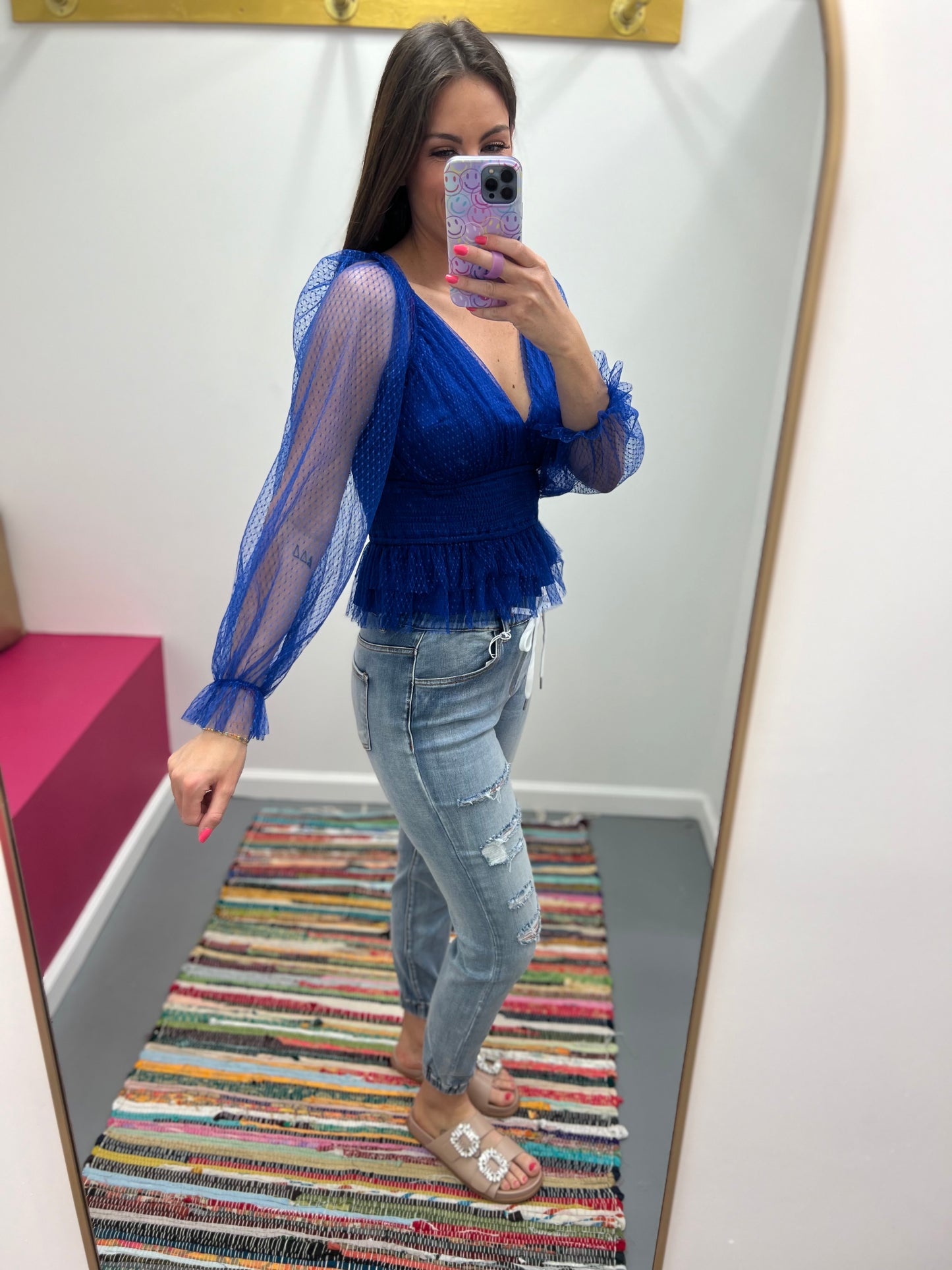 V Neck Mesh Top Royal