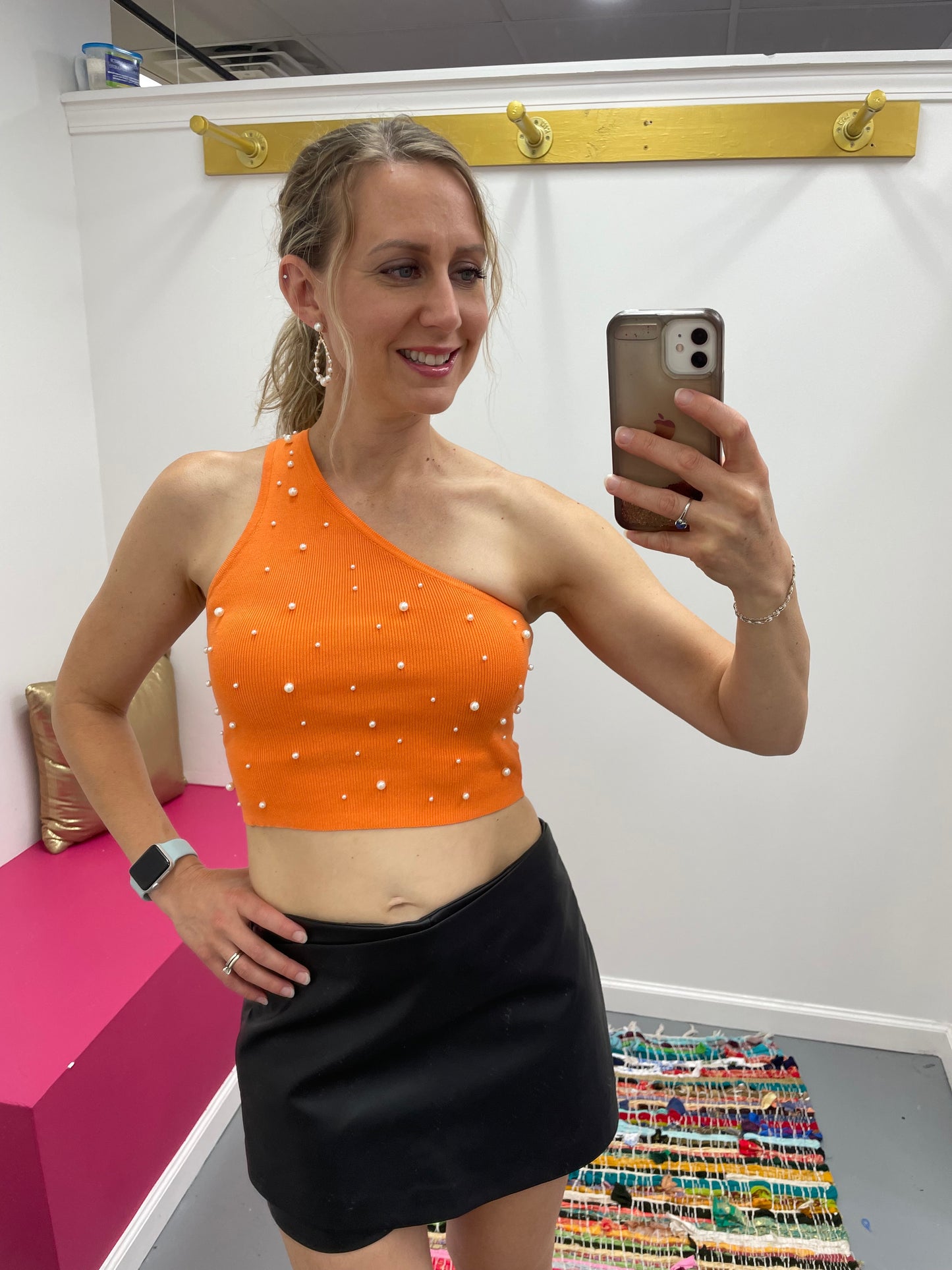 One Shoulder Pearl Top Orange