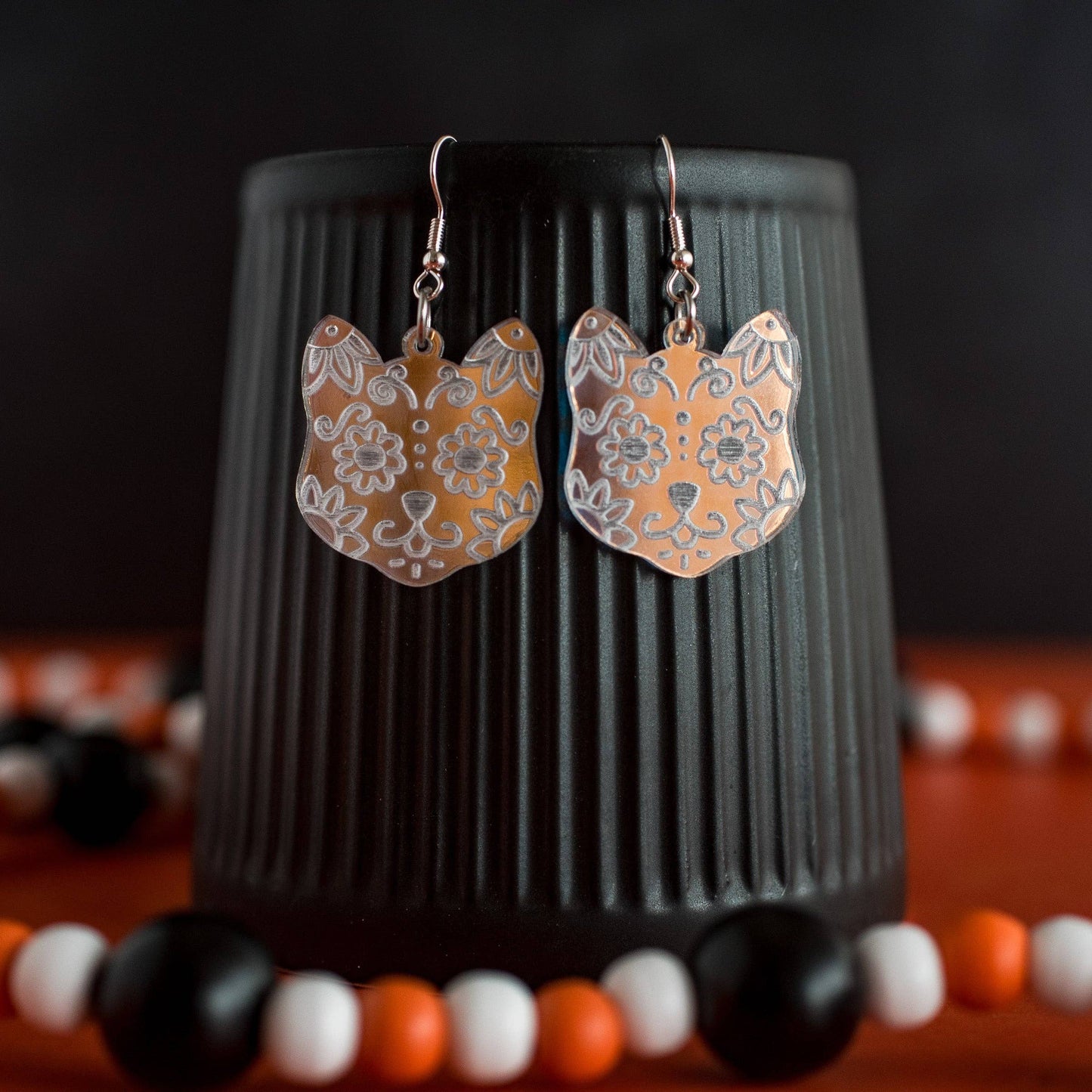 Holo Sugar Skull Cat Dangle Earrings