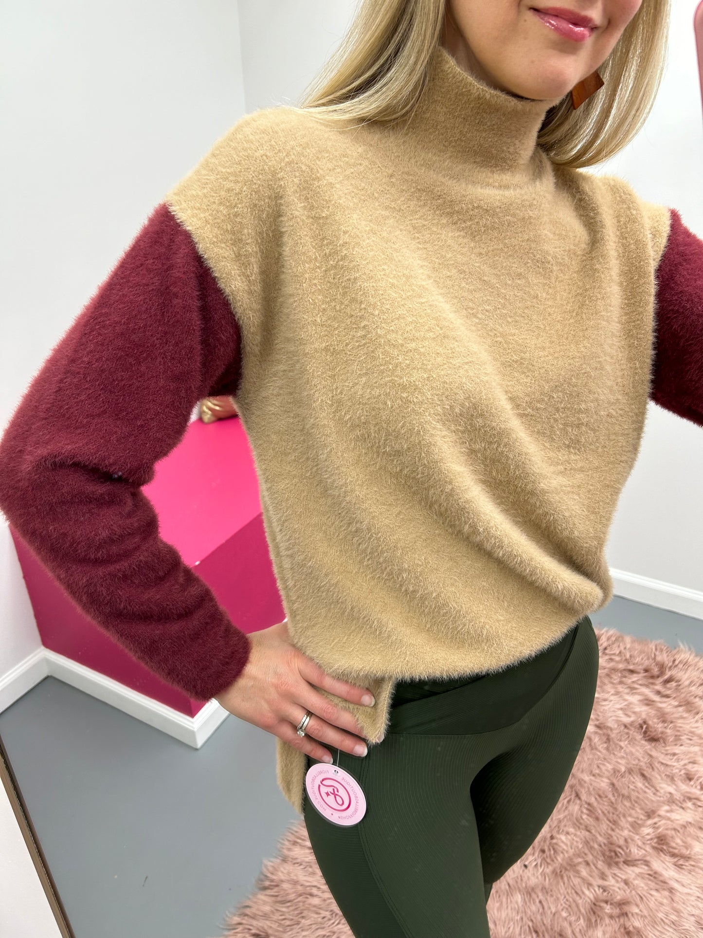 Colorblock Mockneck Sweater Wine