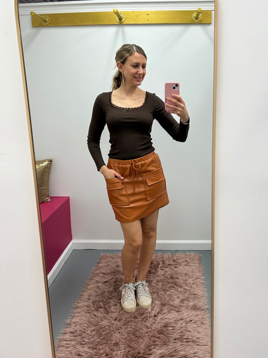 Cargo Vegan Leather Skirt Camel