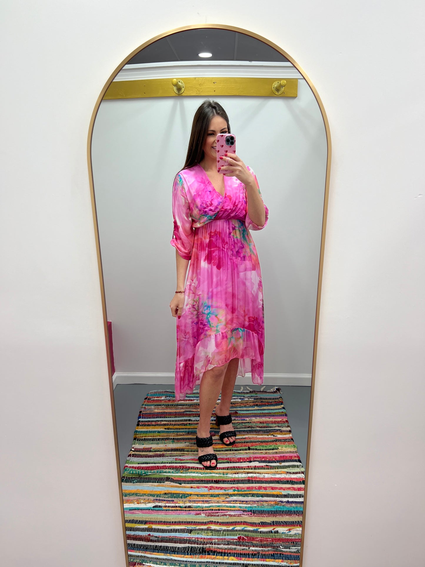 Hi Low Silk Print Dress Italy Pink