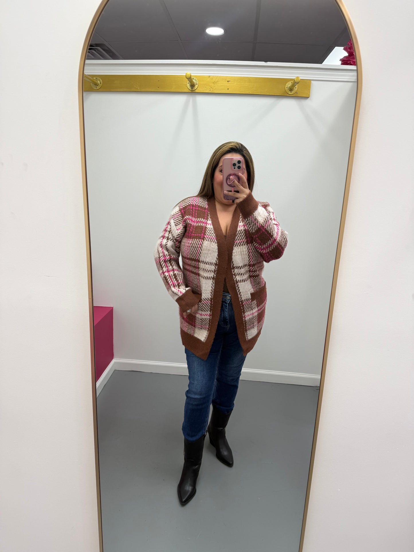 Plaid Cardigan Brown Pink