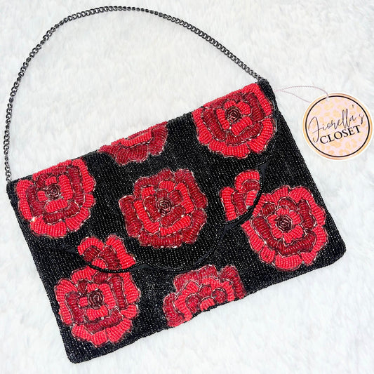 Beaded Clutch Roses Black