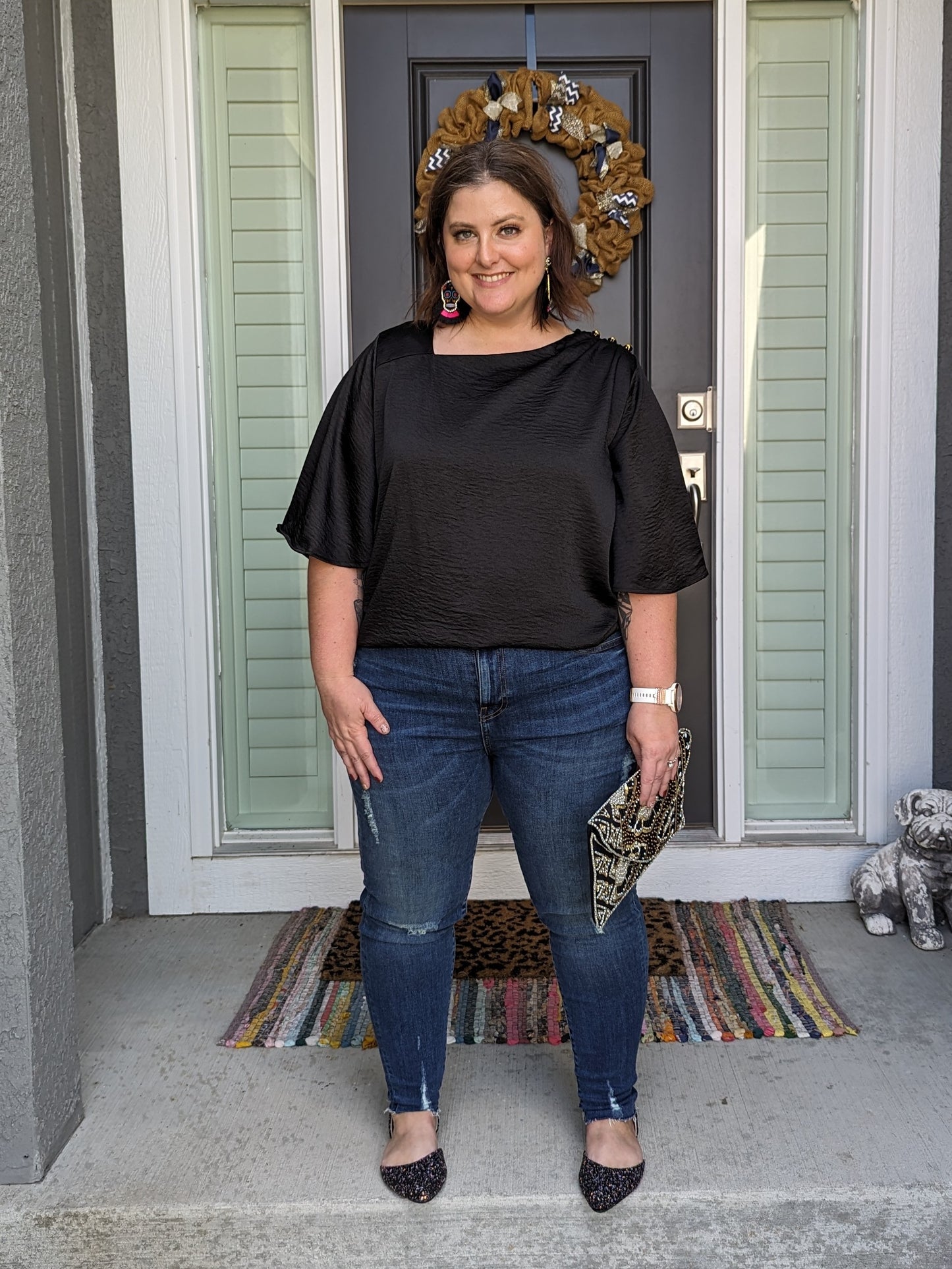 Curvy SS Buttons Luxe Top Black
