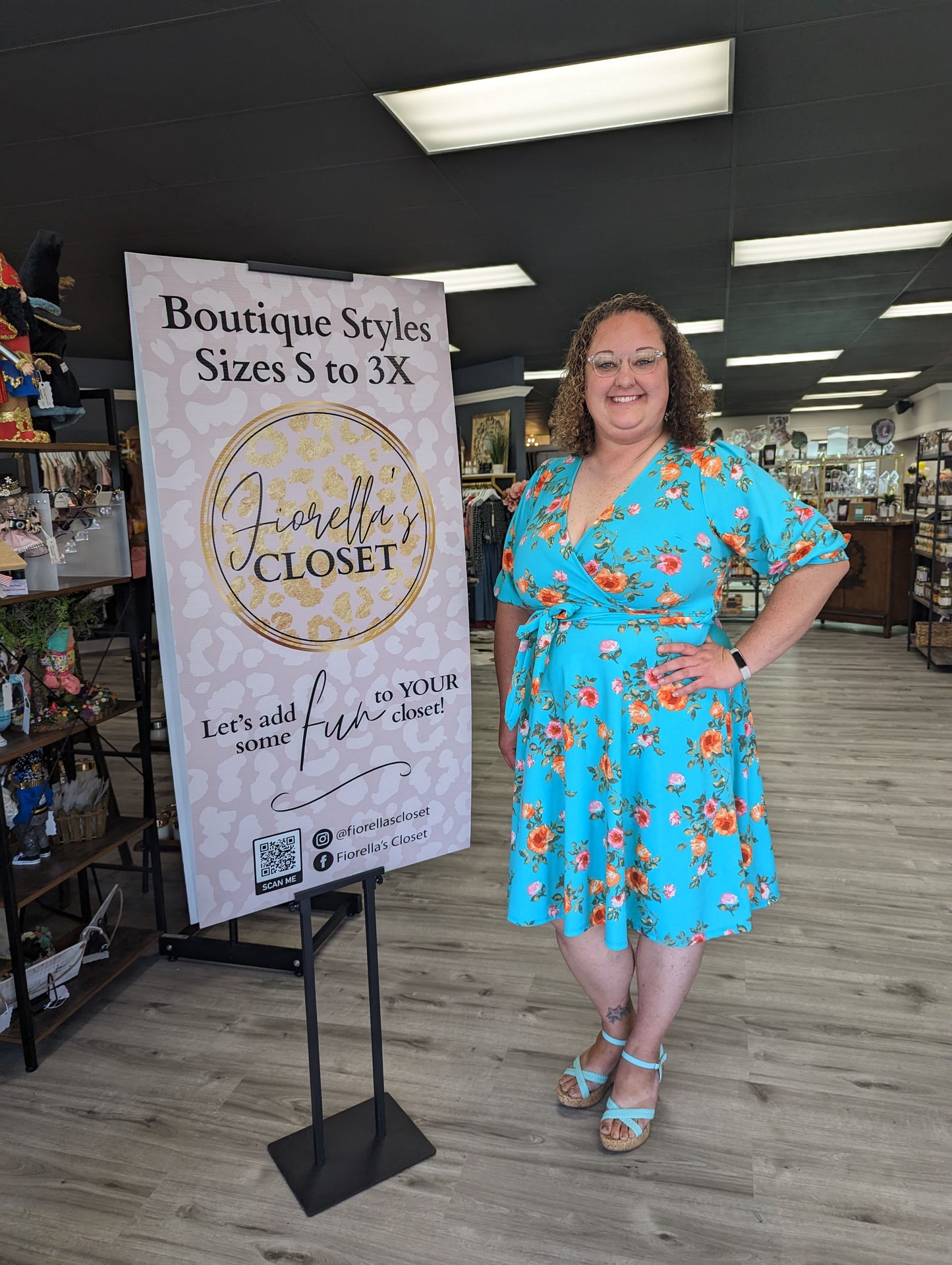 Curvy Floral A Line Dress - Turquoise