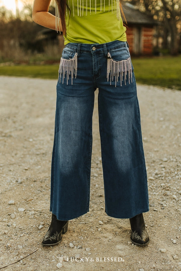 Rhinestone Fringe Crop Wide Leg Jeans