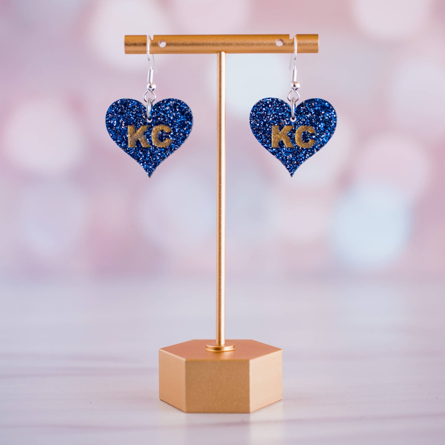 Blue KC Heart Dangle Earrings