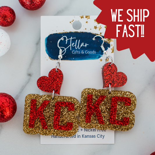 Red KC Heart Drop Earrings