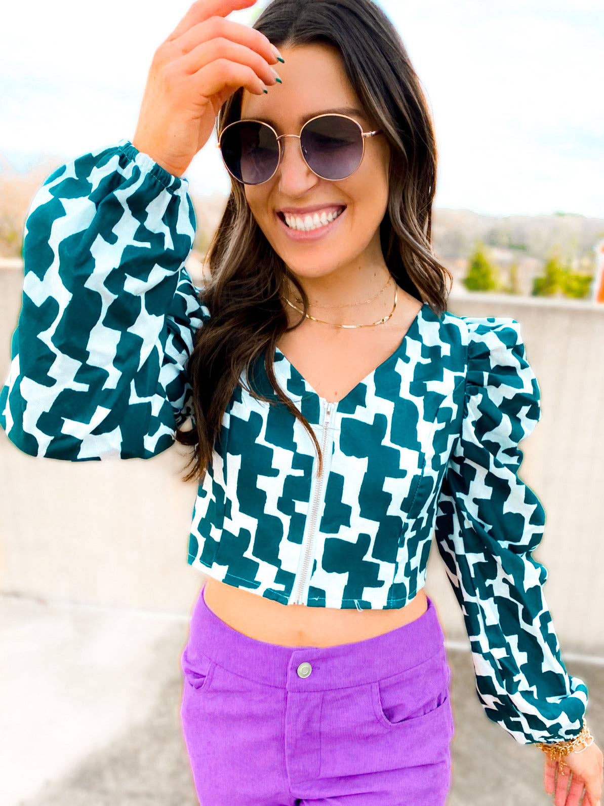 Zip Up Puff Sleeve Crop Blouse Teal