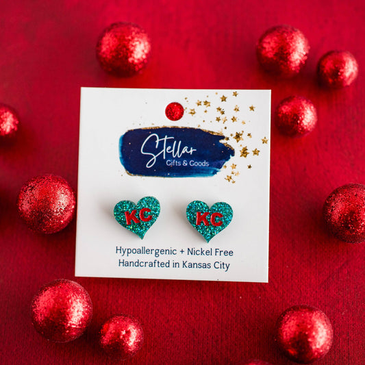 Teal & Red KC Heart Studs