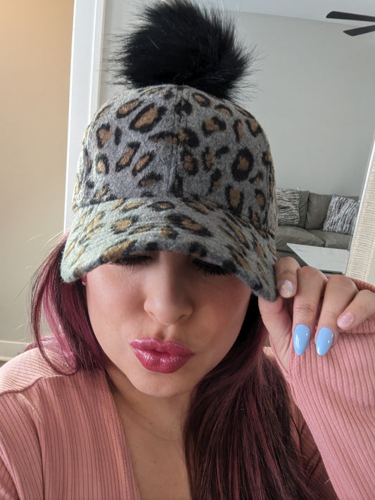 Leopard Baseball Cap with Removable Pom