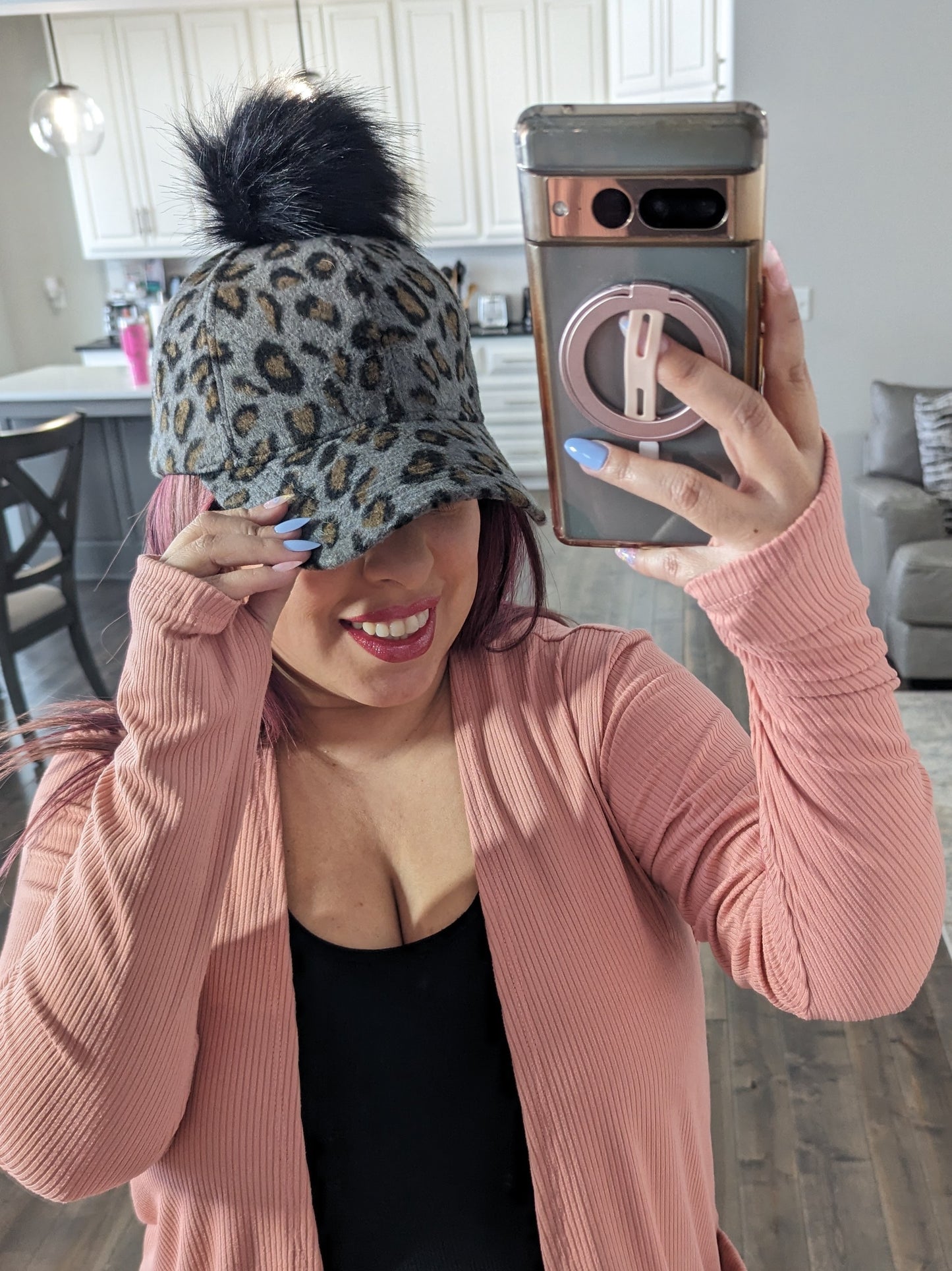 Leopard Baseball Cap with Removable Pom