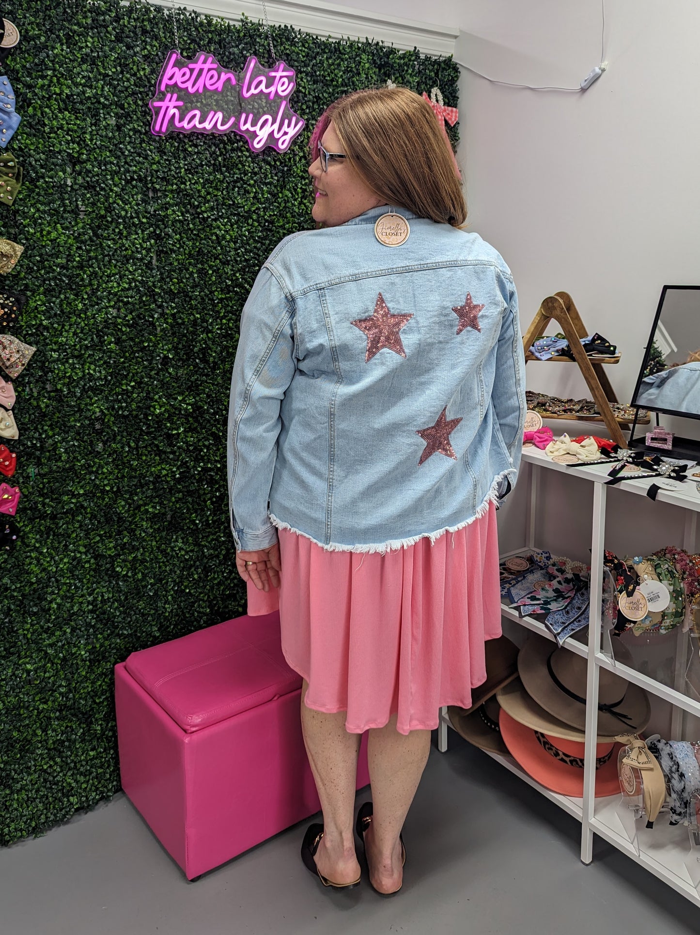 Curvy Pink Star Denim Jacket