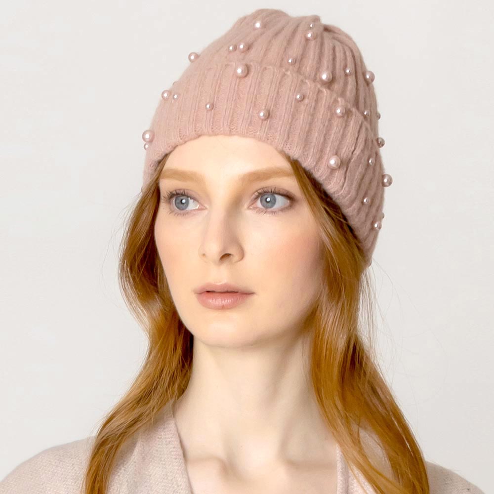Blush Beanie with Rose Gold Pearls