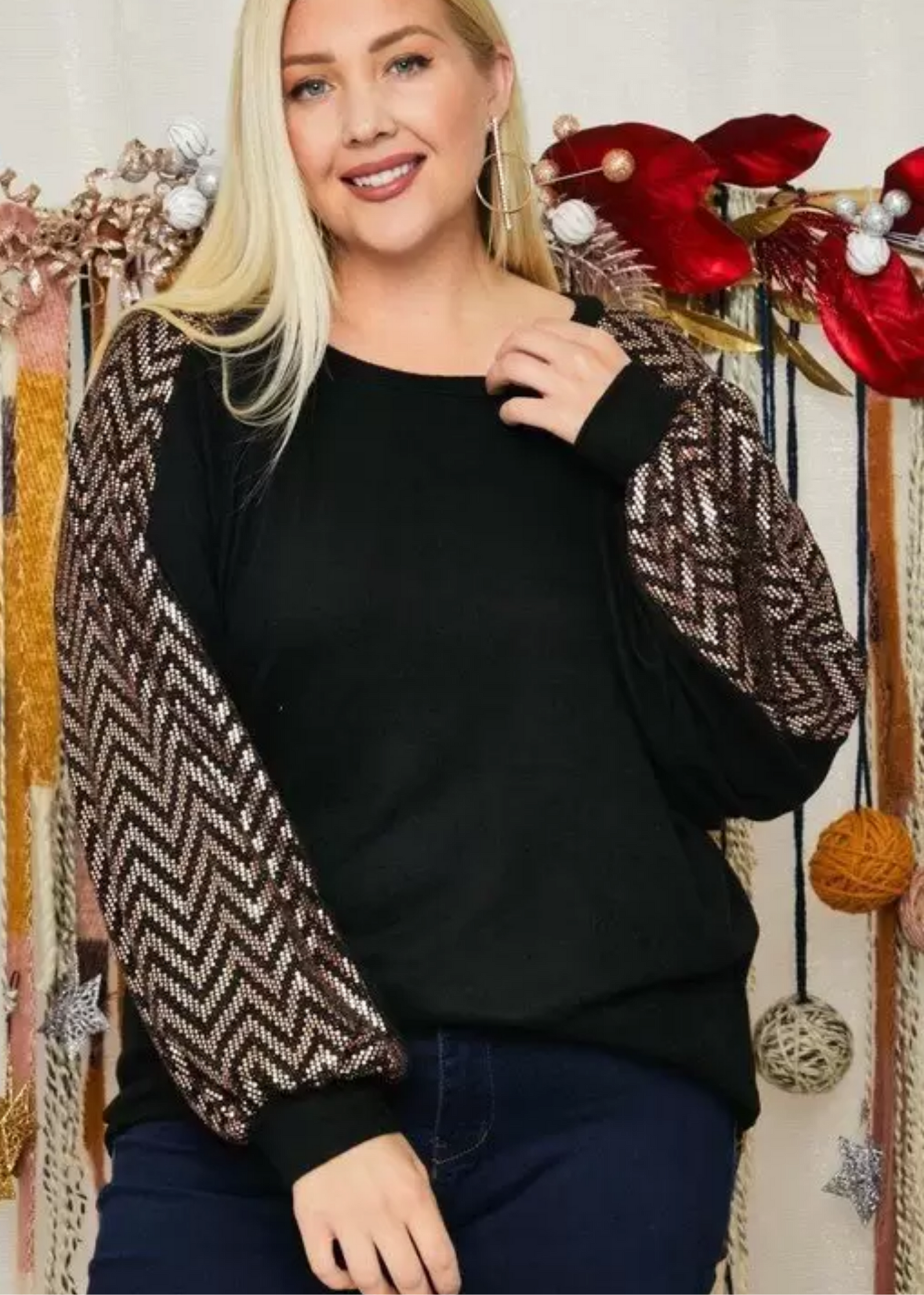 CURVY Chevron Sequin LS Top